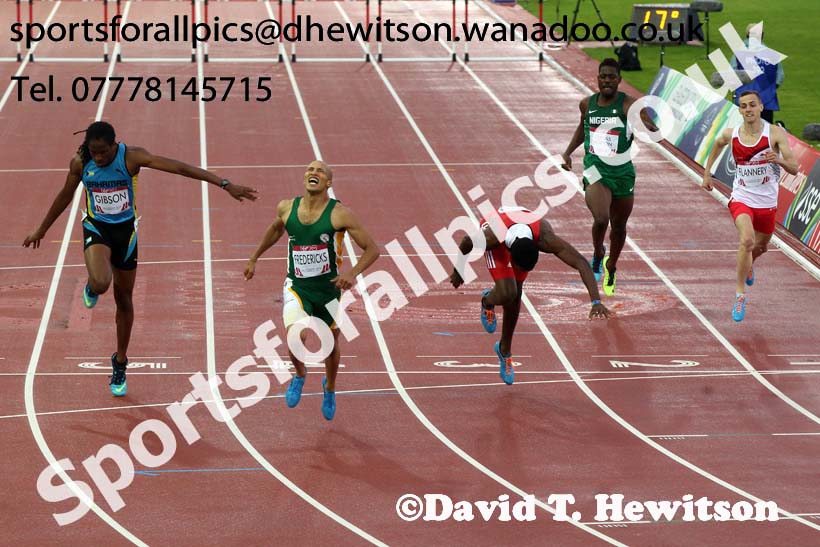 Cornel Fredericks (South Africa0 wins the 400 metres hurdles at the Commonwealth Games, Glasgow. Photo: David T. Hewitson/Sports for All Pics